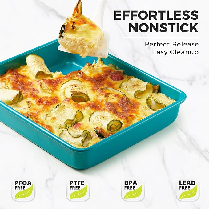 HONGBAKE Deep Baking Pans Set Nonstick, 3 Pack Large Rectangular Sheet Cake Pans,13/11/9Inch Oven Metal Baking Sheet Set, Stackable Non Toxic Bakeware for Baking Lasagana, Blue