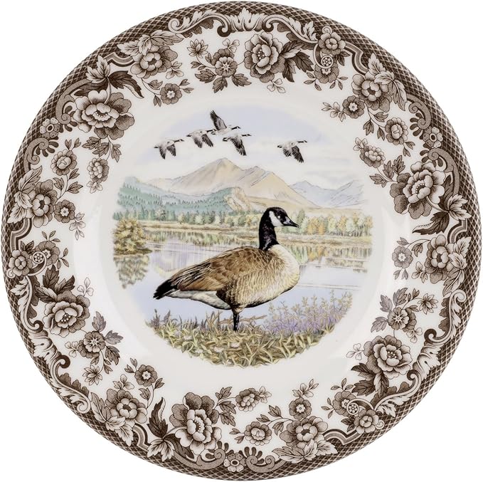 Spode Woodland Canadian Goose Salad Plate - 8" Fine Earthenware with British Flowers Border for Appetizers, Salads, Desserts - Microwave, Oven, Freezer, Dishwasher Safe, Made in England