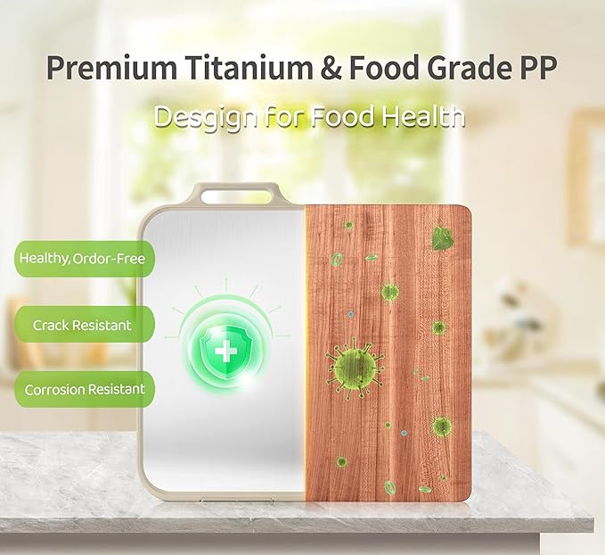 Titanium Cutting Board, Double Sided Cutting Board for Kitchen with Food Grade Pure Titanium and Wheat Straw PP, Easy to Clean, Stand-Up Design