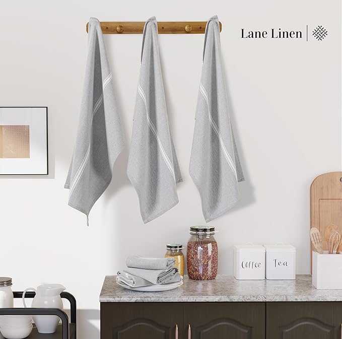 LANE LINEN 100% Cotton Kitchen Towels Set - 6 Pack Kitchen Dish Towels, Soft & Durable Size 14"x25", Good for Polishing Silverware, Cleaning Ceramic Countertops, Machine Washable - Grey Chambray