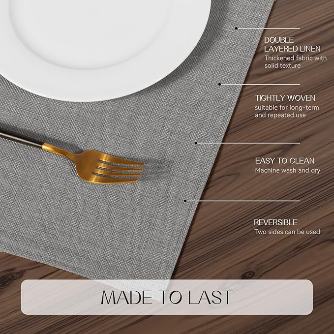 Romanstile Cloth Placemats Set of 8-12 x 18 Inch, Heat Resistant Double Layered Thickened Burlap Place Mats, Washable Faux Linen Farmhouse Table Mats for Kitchen/Dining/Party/Outdoor, Grey