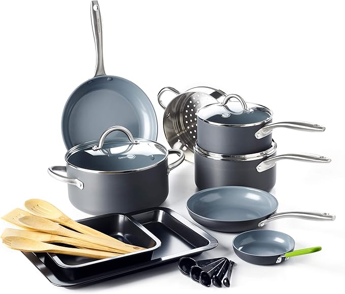 GreenPan Lima Hard Anodized Healthy Ceramic Nonstick 18 Piece Cookware Bakeware Pots and Pans Set, PFAS-Free, Oven Safe, Gray