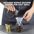 vzaahu Golden Salt and Pepper Grinders with Funnel, Brush - Adjustable Coarseness Shiny Gold Cap Seasalt Peppermill Set Refillable with Magnetic Lid, for Modern, Kitchen Decoration Gift