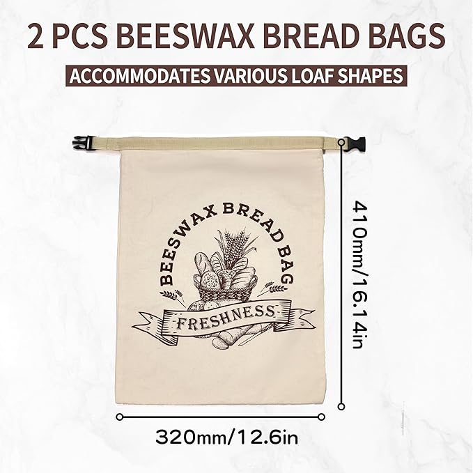 2 Pack Reusable Beeswax Bread Bags for Sourdough & Homemade Bread - XL Organic Cotton with Zipper & Snap Closure Freezer-Friendly Freshness Preservation