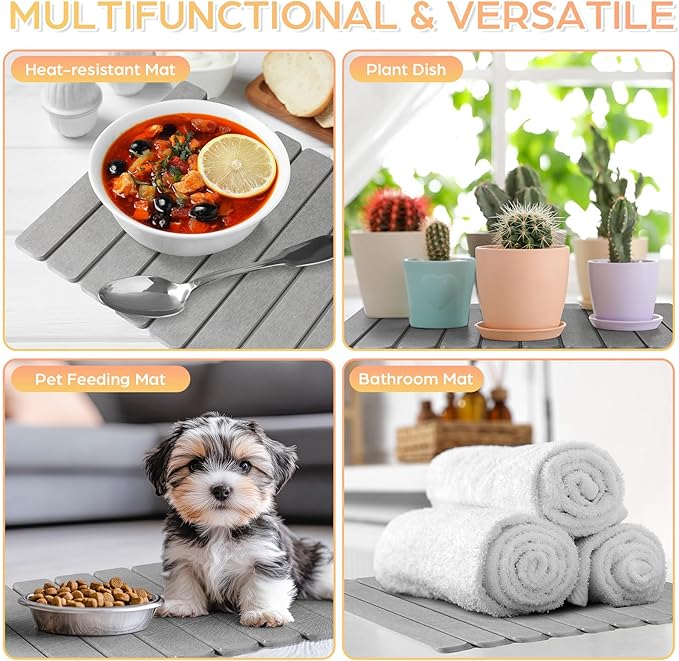 Nuanchu 2pack Large Stone Dish Drying Mat for Kitchen Counter, 23.6"(L)x15.4"(W), Collapsible Diatomaceous Earth Water Absorbing Mat for Dishes Bottles Cups, Match Any Countertop (Light Grey)