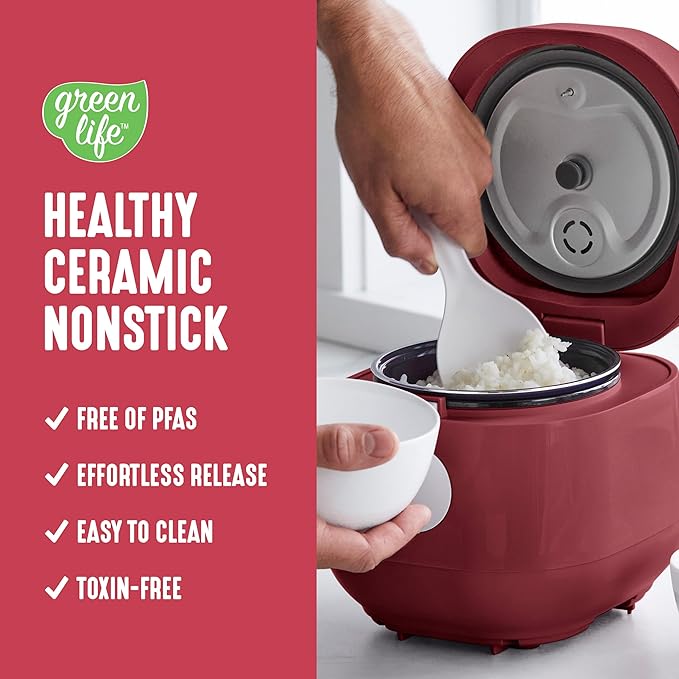 GreenLife Digital Rice Cooker, 2-Cups Uncooked/4-Cups Cooked, Removable Nonstick Ceramic PFAS-Free Pot, One-Touch Presets, Oats, Quinoa, Brown Rice, Auto Keep Warm, Fuzzy Logic Tech, 1.5 QT, Red