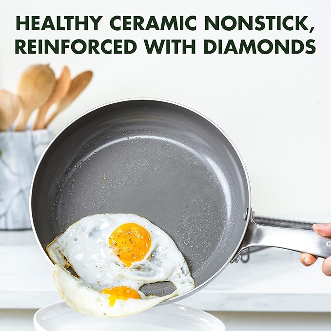 GreenPan Chatham Tri-Ply Stainless Steel Healthy Ceramic Nonstick 8" Frying Pan Skillet, PFAS-Free, Induction Suitable, Dishwasher Safe, Silver