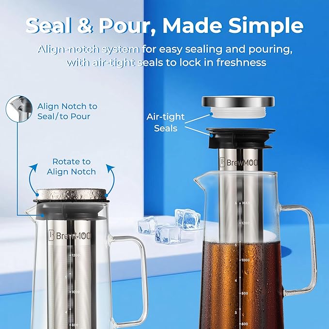 BrewMOO- Airtight Cold Brew Coffee Maker Pitcher, 1.4L/48Oz Thick Glass Carafe with Filter, Comfort Sturdy Handle & Wide Spout, Non-Slip Base | Iced Tea Maker (Grey)