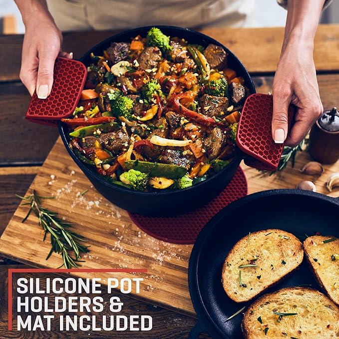 Uno Casa 2-in-1 Cast Iron Dutch Oven Large - 5 Quart Dutch Oven Pot with Lid, Pre-Seasoned Cooking Dish for Bread Baking and Stews - Heavy Duty Cast Iron Pot with Detachable Frying Pan Lid for Versatile Cooking