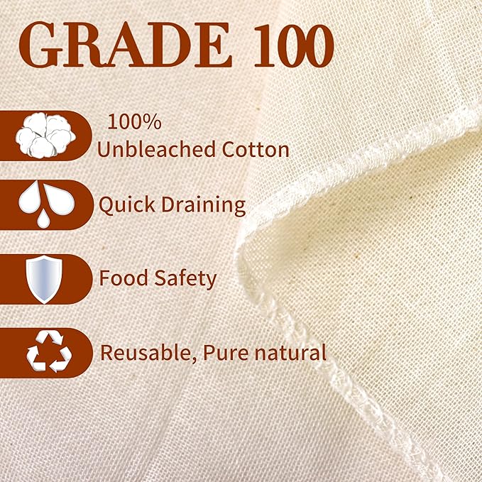 Cheese Cloths, 10Pcs 20x20 Inch Grade 100 Precut Cheese Cloths for Straining, Cotton Unbleached, Reusable Muslin Cheesecloth for Straining, Making Yogurt, Juice, Cooking Turkey
