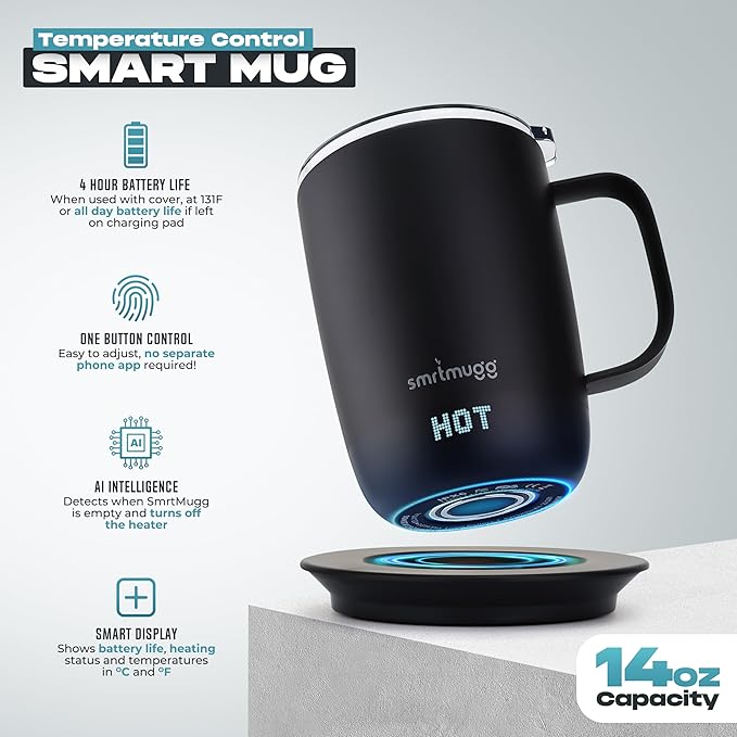 PRO 14 oz. Self-Heating Coffee Mug – 4-Hour Battery Life, Adjustable Temperature Control, LCD Display, One-Touch Adjustment, Magnetic Slider Lid – Keep Your Coffee Hot for Hours!
