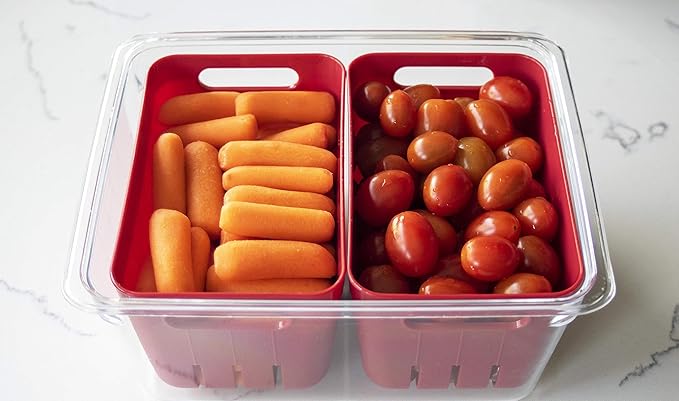 Kitchen Spaces Twin Colander Food Storage Container, Strainer and Fridge Organizer Bin for Fruits and Veggies, Stackable, BPA-Free