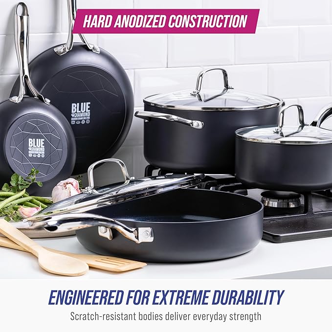 Blue Diamond Cookware Hard Anodized Ceramic Nonstick, 10 Piece Cookware Pots and Pans Set, Non-Toxic PFAS-Free, Dishwasher and Oven Safe, Durable, Even Heating, Metal Utensil Safe, Gray