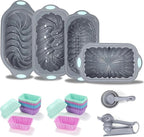 Tongjude 45 Pieces Silicone Loaf Pan for Baking Bread, 6 Cups Silicone Baking Pans Set, Fluted Cupcake, Non-Stick Kitchen Oven Baking Pans, with Measuring Cups and Spoons Set, Grey