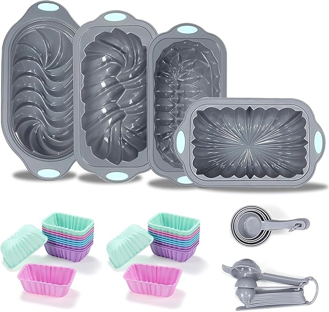 Tongjude 45 Pieces Silicone Loaf Pan for Baking Bread, 6 Cups Silicone Baking Pans Set, Fluted Cupcake, Non-Stick Kitchen Oven Baking Pans, with Measuring Cups and Spoons Set, Grey