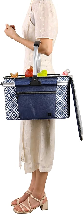 ALLCAMP Insulated Cooler Bag Portable Collapsible Picnic Basket Cooler with Sewn in Frame (Medium Rectangle Blue White)