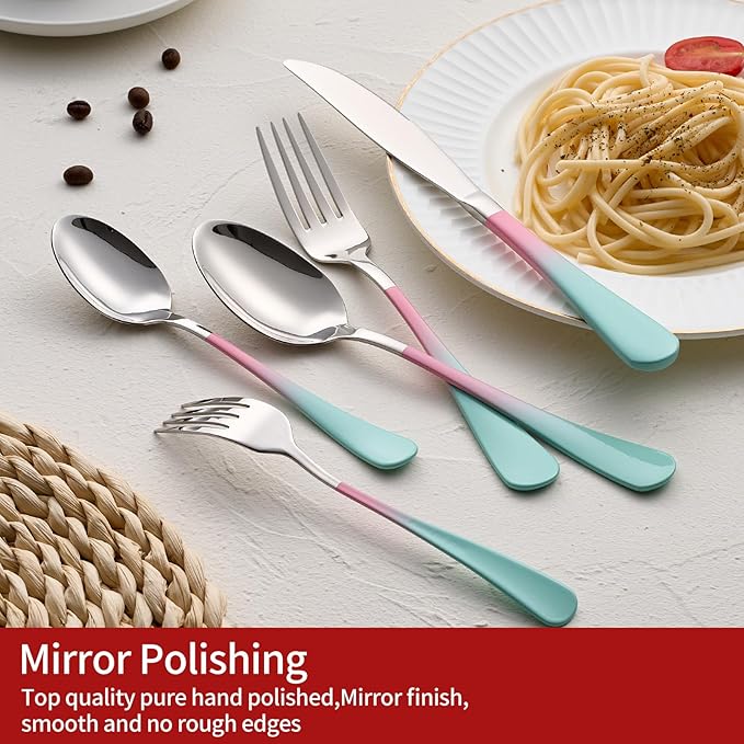 Colorful Silverware Set 20 Piece 18/0 Stainless Steel Flatware Pink and Green Handle Cutlery Set Service for 4 Fork Knife Spoon Set Mirror Finish Dishwasher Safe