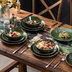 vicrays Ceramic Dinner Plates Set, 10.5 Inch, Set of 6, Round, Microwave, Oven, Dishwasher Safe, Scratch Resistant, Porcelain Fluted Suitable for Steak, Pasta, Pizza, Home, Restaurant, Green