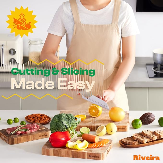 Riveira Acacia Wood Cutting Board – Gourmet Acacia Grandeur: 14 x 14 Wooden Cutting Board – Natural Wooden Cutting Boards For Kitchen Decorative – Innovative Juice Grooves Acacia Wooden Chopping Board