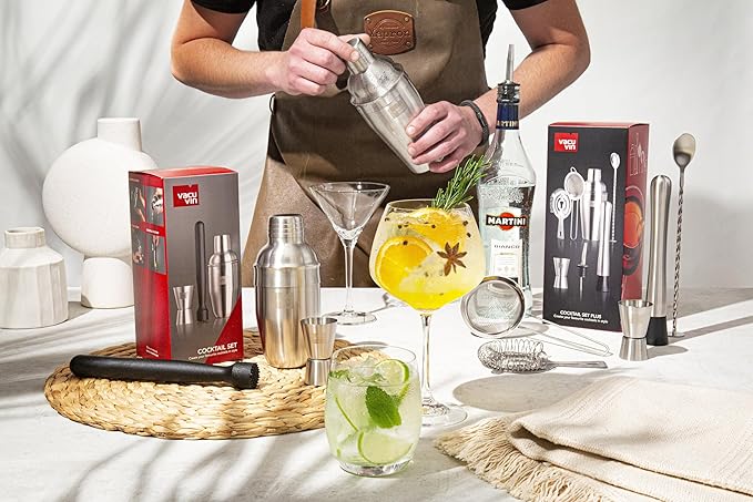 Vacu Vin Cocktail Set Plus – 7-Piece Bartender Kit with Stainless Steel Tools – Includes Shaker, Jigger, Muddler, Strainer, Pourer, Sieve, and Bar Spoon – Dishwasher Safe Home Bar Set