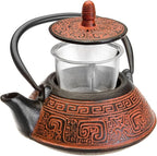 IBILI 40 Oz India Red Floral Cast Iron Teapot | Made in Spain | Stainless Steel Infuser, Enameled Interior, Stovetop & Induction Compatible, Japanese Kettle for Loose Leaf Tea, Tetsubin Design, Red