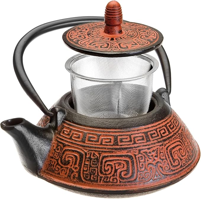 IBILI 40 Oz India Red Floral Cast Iron Teapot | Made in Spain | Stainless Steel Infuser, Enameled Interior, Stovetop & Induction Compatible, Japanese Kettle for Loose Leaf Tea, Tetsubin Design, Red