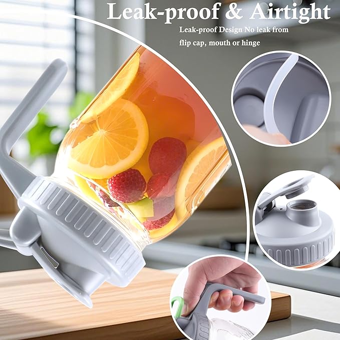 Mason Jar Pitcher With Pour Lid 32 Oz Glass Breast milk Storage Jug 1 Quart Wide Mouth Glass Tea Pitcher With Handle Creamer Container For Fridge Juice, Cold Brew Coffee,Lemonade,Beverage 2 Set