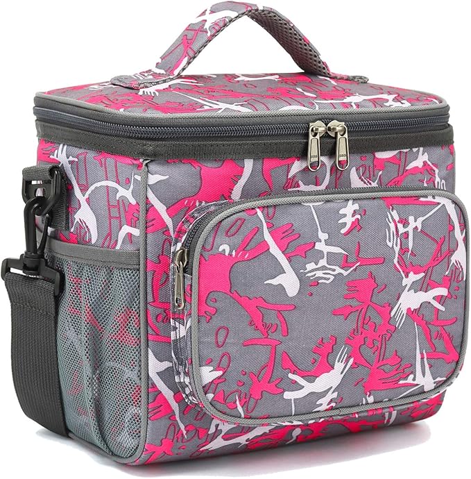 FlowFly Insulated Reusable Lunch Bag Adult Large Lunch Box for Women and Men with Adjustable Shoulder Strap,Front Zipper Pocket and Dual Large Mesh Side Pockets,Graffiti
