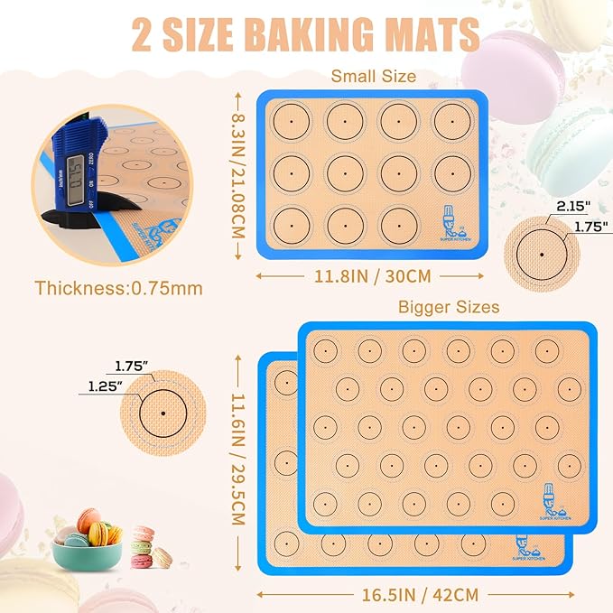 Silicone Macaron Baking Mat Half Sheet - Set of 3 (2 Half Sheet and 1 Quarter Sheet), Non Stick Silicon Oven Liner For Macaroons and Cookies, By Folksy Super Kitchen (16.5x11.6, Blue)