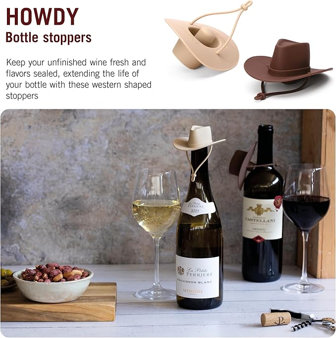 Monkey Business Howdy - 3 Sets of 2-Pack Wine Stoppers (Total 6) Cowboy Hat Wine Stoppers – Fun Silicone Bottle Stoppers Keep Wine Fresh – Novelty Kitchen Gadgets & Cute Wine Accessories