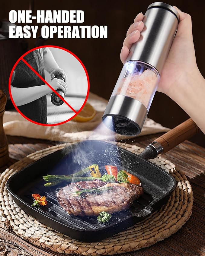 GiveBest Electric Salt and Pepper Grinder Set with Easy-to-Carry Charging Base and LED Light, Automatic Salt and Pepper Grinder Set, Adjustable Coarseness, USB Rechargeable, Washable Container