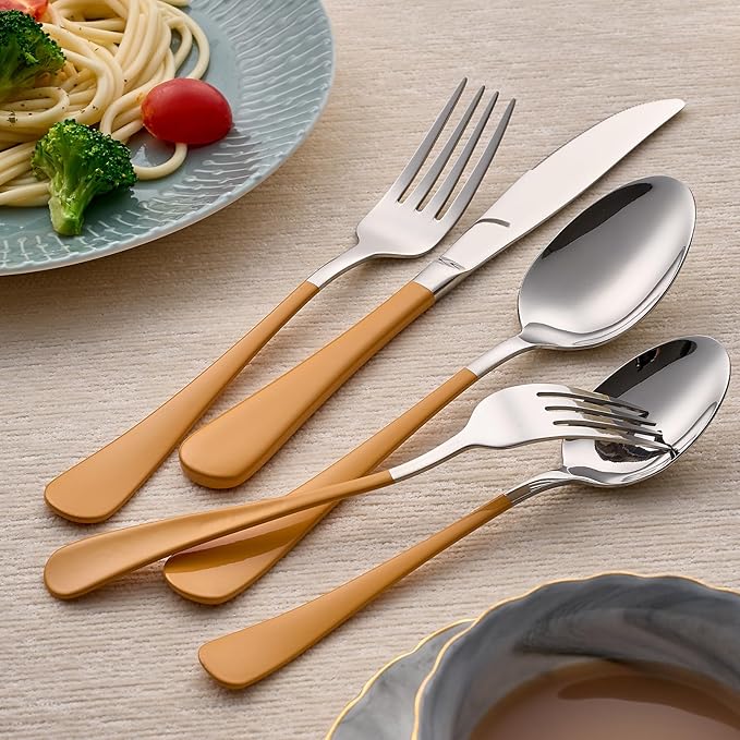 20-Piece Orange Silverware Set 18/0 Stainless Steel Silverware Set Orange Handle Cutlery Set Service for 4 Dinner Knives Forks Spoons Set Flatware Set Finish Dishwasher Safe