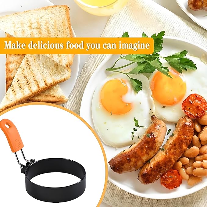 4PCS 3.5" Stainless Steel Egg Ring, Non Stick Omelet Mold with Brush Professional Pancake Mold Ring with Silicone Handle Egg Muffin for Breakfast, Mini Pancakes, and Fried Eggs.