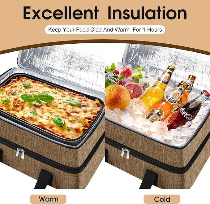 Double Insulated Casserole Carrier, Portable Casserole Carrier for Hot or Cold Food Lunch Tote Warmer or Cooler Bag, Lasagna Lunch Bag for Potluck Parties- Fits 9" x 13" Baking Dish-Coffee