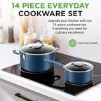 NutriChef 14-Piece Navy Blue Nonstick Cookware Set - Durable Pots and Pans Set with Lids & Utensils, Compatible with All Cooktops
