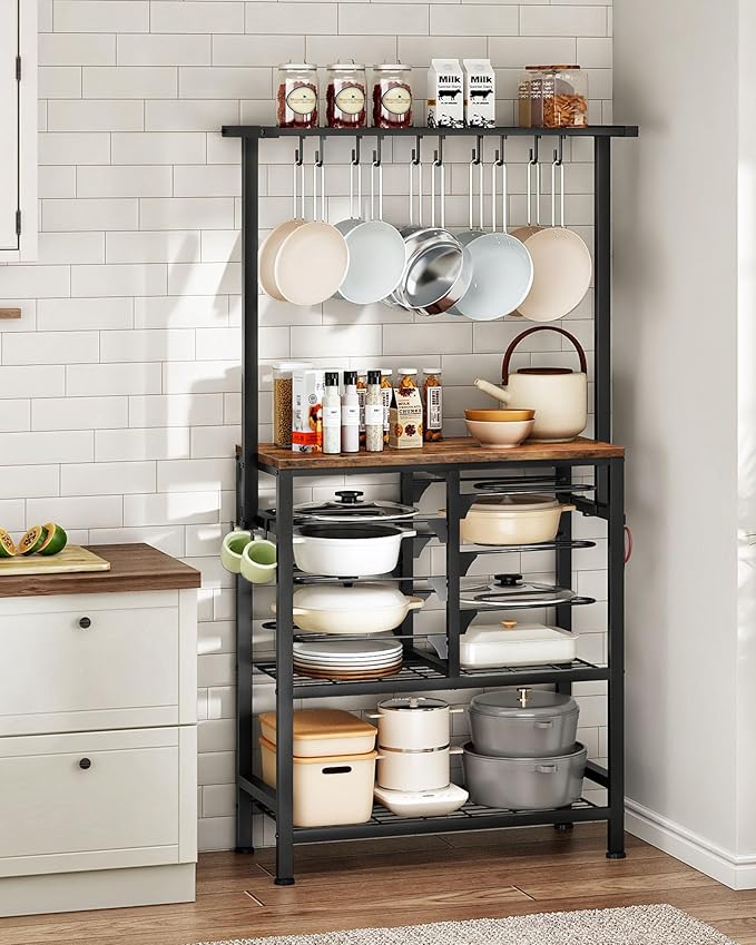Pots and Pans Organizer Rack, Kitchen Bakers Rack, Multi-Tier Storage Shelf, Kitchen Island Table, Cooking Rack with Pots and Pans Storage, Rustic Brown and Black TPR60BF