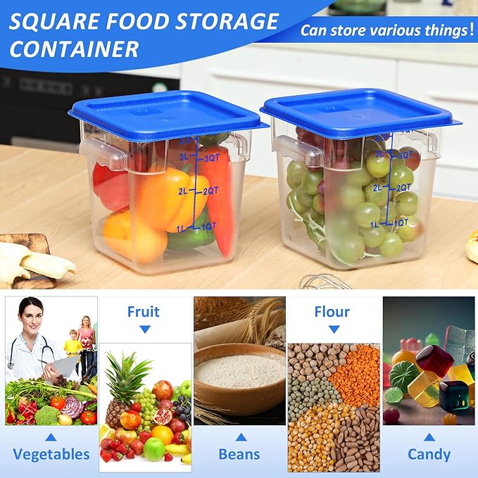 Yungyan 12 Pcs 4 Qt Commercial Food Storage Containers with Lids Restaurant Square Airtight Food Storage Containers Clear Cereal Containers for Kitchen Freezer Dishwasher Pantry(Blue Lid)
