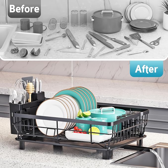 Dish Drying Rack - Space Saving Dish Rack - Dish Racks for Kitchen Counter with Drainboard,Rustproof Dish Drainer with Removable Utensil Holder,Black