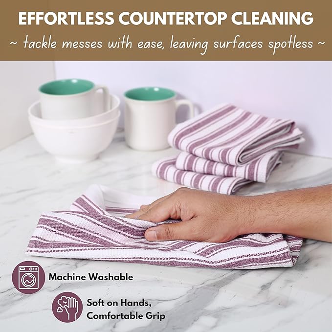 Native Fab Cotton Kitchen Towels - 16x26 inches - Set of 4 - Basket Weave Stripe Dish Towels for Cleaning, Drying Dishes, Absorbent Dish Cloths Set with Hanging Loop - Burgundy Maroon