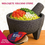 Elly Mexican Molcajete 8in, Handmade with Natural Volcanic Stone, Mortar and Pestle Set for Guacamole, Spices, Salsa, Pesto & More, Authentic Lava Rock, Includes Free Tortilla Warmer