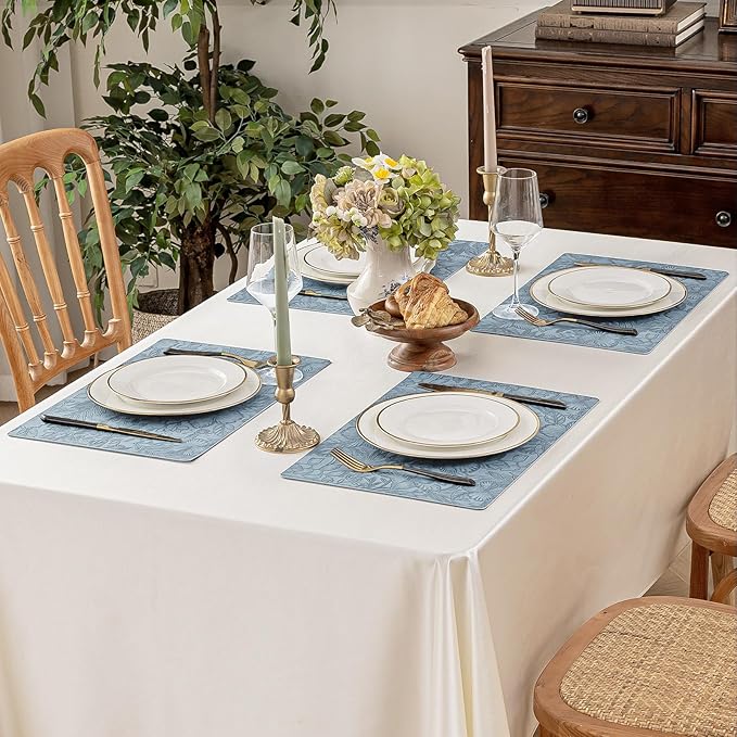 Romanstile Vinyl Placemats Set of 6-12 X 18 Inch - Heat Resistant Non-Slip Embossed Floral Place Mats 100% Waterproof Oilproof Wipeable Faux Leather Table Mats for Kitchen/Dining/Party, SkyBlue