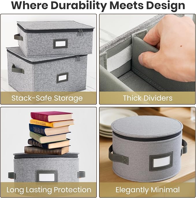 HOMELUX THEORY Coffee Mug Storage with Dividers, Light Gray Hard Shell China Storage Containers, Kitchen Storage Bins With Lids, Heavy Duty Moving Box for Packing Glassware, Stemware & Glassware