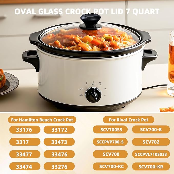 Oval Glass Lid 7 Quart Crock Pot lid Replacement for Hamilton & Rival Beach Slow Cooker Lid 7 QT 33474G, SCV700-SS, SCV700, SCV700-KC