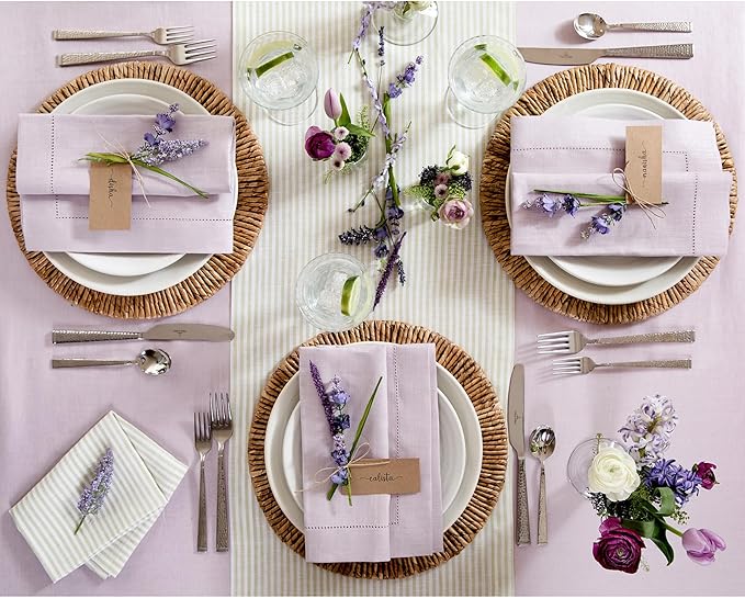 Solino Home Linen Tablecloth 60 x 108 Inch - Classic Hemstitch 100% Pure Linen Lilac Table Cloth for Rectangle Tables - Machine Washable Tablecloth for Summer