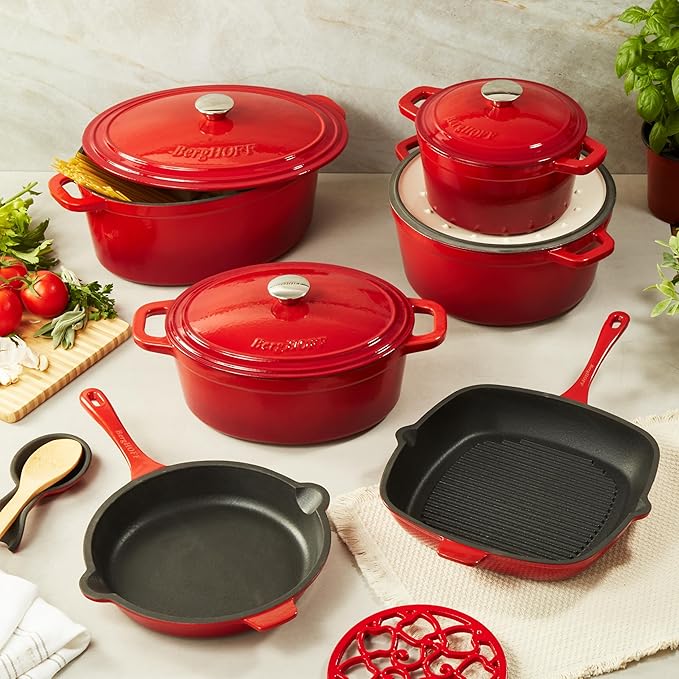 BergHOFF 10Pc Neo Enameled Cast Iron Cookware Set, Matching Lid, Oven Safe Up To 400°F, Red