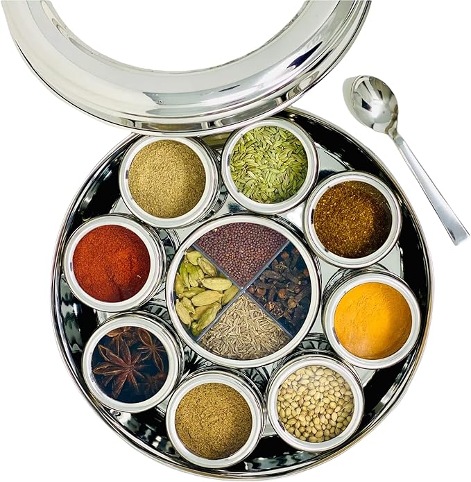spice dabba Stainless Steel Indian Spice Box, Steel Masala Dabba 12 Spices, Lid Spice Box, Authentic Spices, Masala Box with Individual containers | Size 9 x 9 x 3 IN (Indian Spice Box Only)