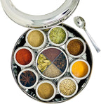 spice dabba Stainless Steel Indian Spice Box,Steel Masala Dabba 12 Spices,Lid Spice Box,Authentic Spices,Masala Box with Individual containers|Size 9 x 9 x 3 IN 3 LB (Indian Spice Box with Spices)