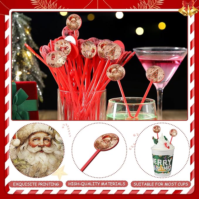 Meanplan 60pcs Christmas Swizzle Sticks Christmas Cocktail Stirrers Plastic Stir Sticks Xmas Santa Claus Snowman Decorations for Birthday Party Coffee Shop Supplies Favors Gifts(Vintage)
