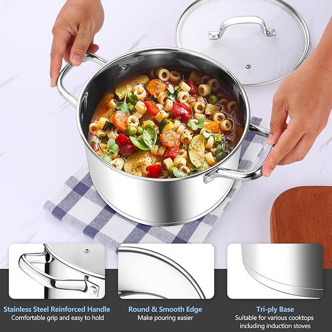 Homikit 5 Quart Stock Pot, Stainless Steel Soup Cooking Pot with Lid for Pasta Sauce Simmering Steaming Stewing, Tri-ply Heavy Bottom Induction Pot, Dishwasher Safe