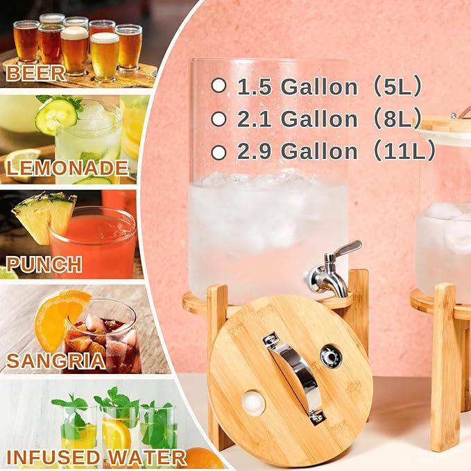 Glass Beverage Dispenser with Bamboo Stand and Lid, Iced 2.1 Gallon Drink Server with Spigot, Large Thick Glass Drink Dispenser for Parties, Hotels, Restaurants, Homes